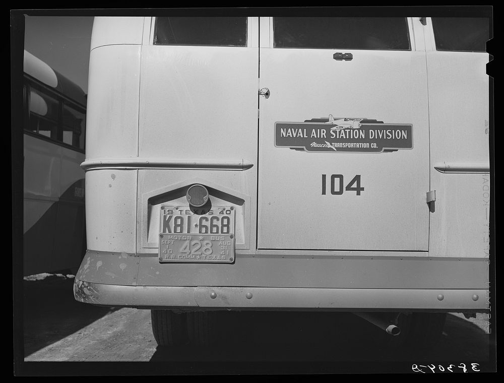 Bus which was bought to transport workmen to the construction work at the naval air training base. Corpus Christi, Texas.…