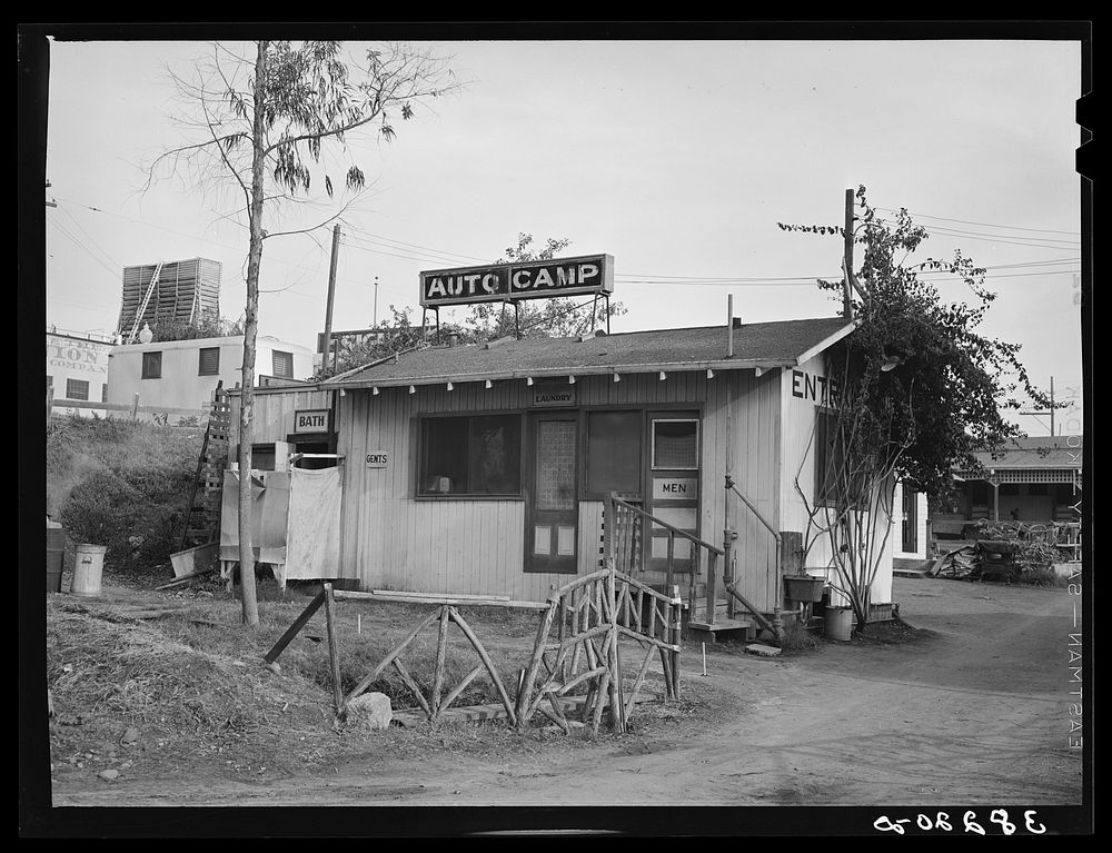 Exterior of sanitary facilities at trailer camp. San Diego, California by Russell Lee