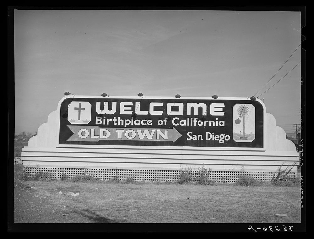Sign: Welcome to San Diego. California by Russell Lee