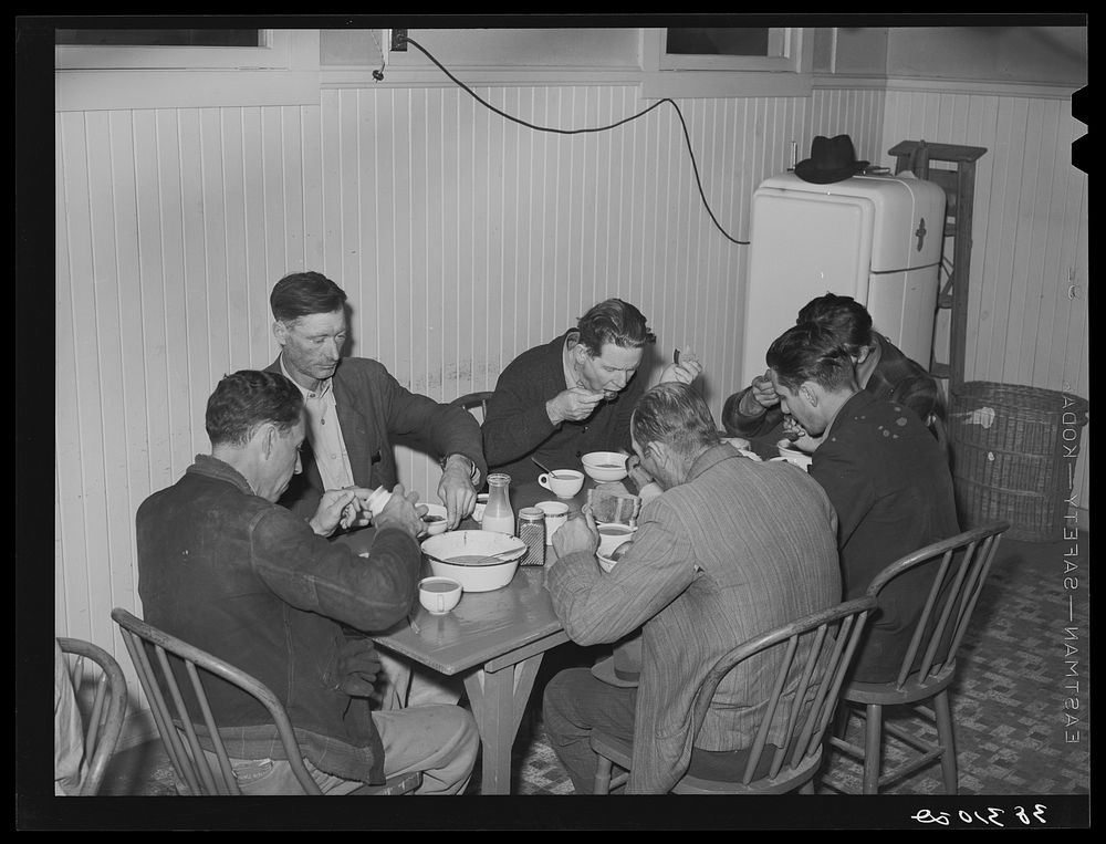 Men eating afternoon meal at the Salvation Army. Corpus Christi, Texas. The Salvation Army says that they have a heavy case…