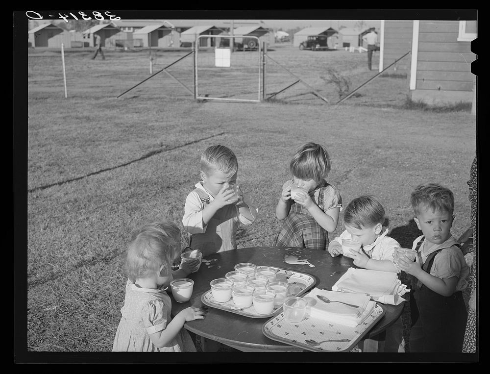Children drinking milk. Yuba City FSA (Farm Security Administration) farm workers' camp. Yuba City, California by Russell Lee