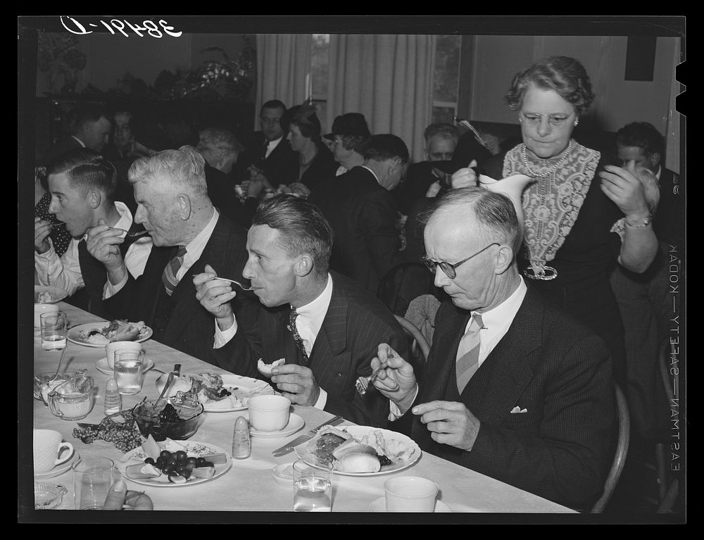 Members of the Loomis Fruit Association at dinner after their fortieth annual meeting. Loomis, Placer County, California by…