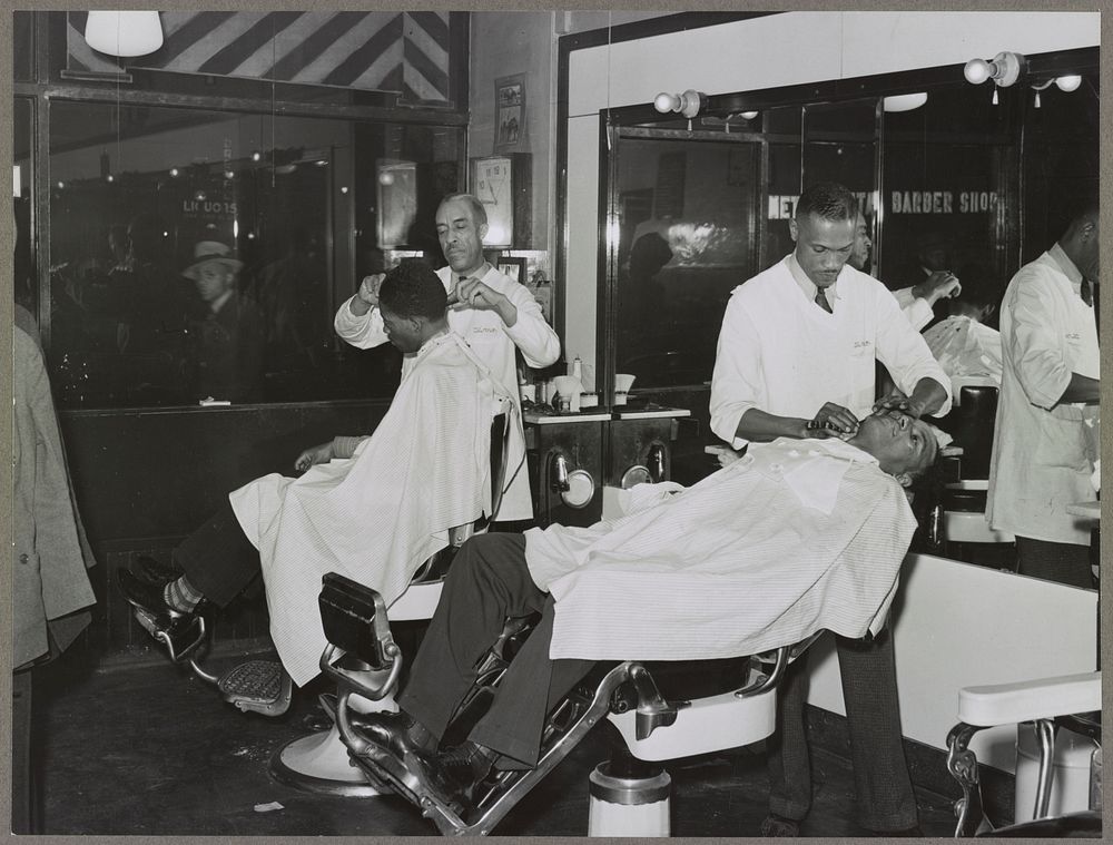 African American barber shop. Southside of Chicago, Illinois by Russell Lee