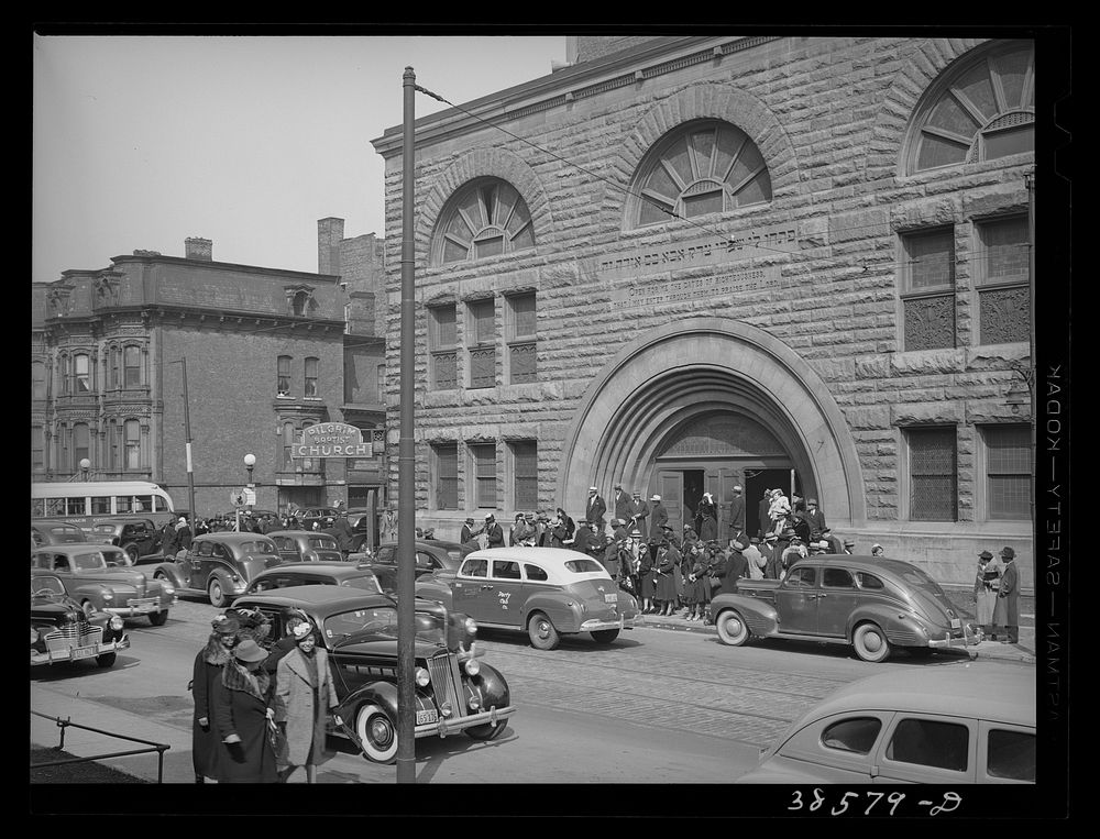 [Untitled photo, possibly related to: Crowd coming out of Pilgrim Baptist Church. Southside of Chicago, Illinois] by Russell…