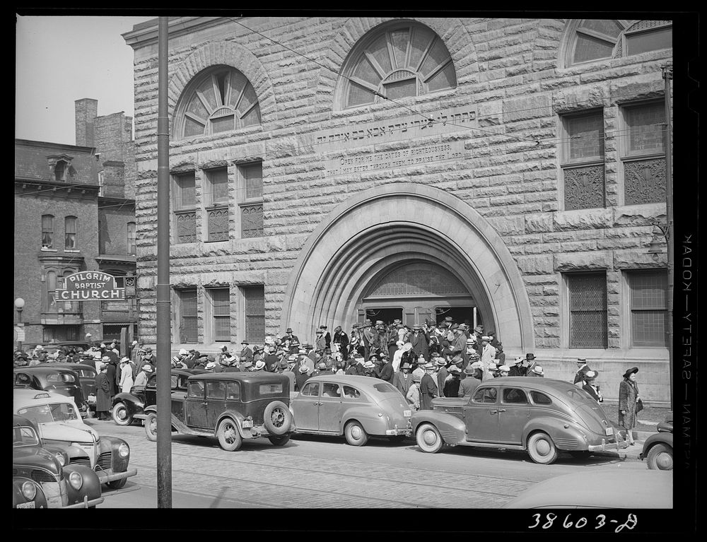 Crowd coming out of Pilgrim Baptist Church. Southside of Chicago, Illinois by Russell Lee