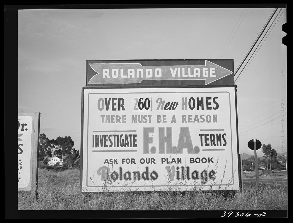 Sign of Federal Housing Administration housing. San Diego, California by Russell Lee