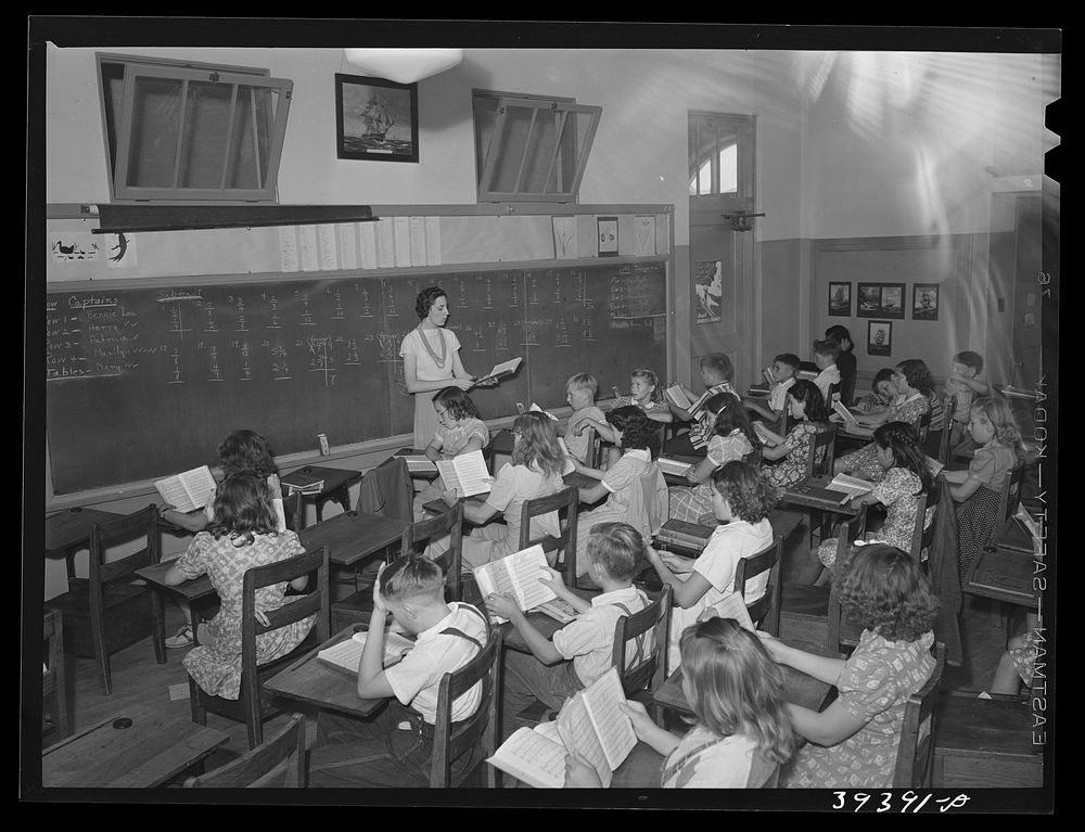 [Untitled photo, possibly related to: Music class at the Balboa School, San Diego. The crowded condition of schoolrooms is…