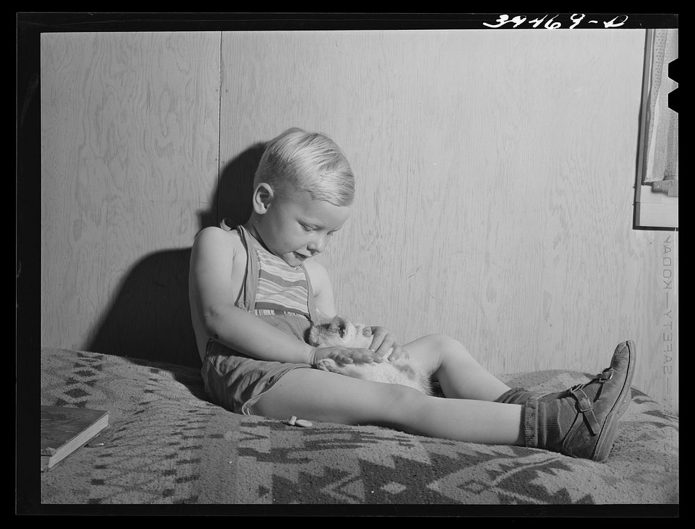 Little boy, son of farm worker, in his home at the FSA (Farm Security Administration) labor camp. Caldwell, Idaho by Russell…