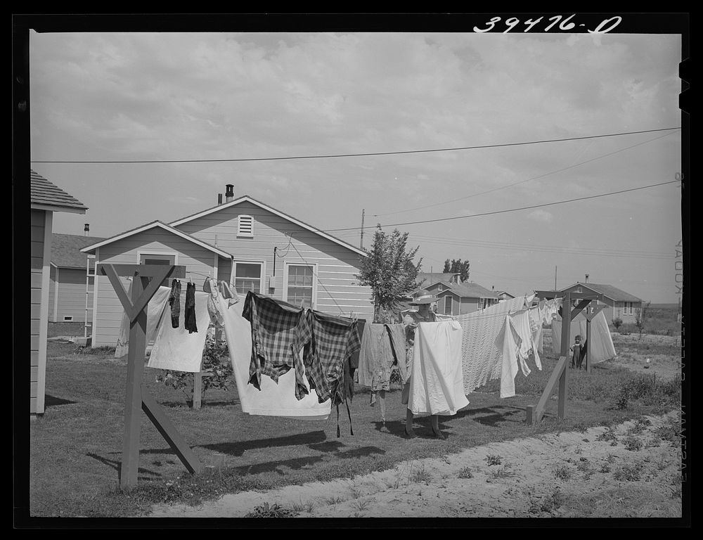 Laundry on line back of cottage of "permanent" farm worker at the FSA (Farm Security Administration) labor camp. Caldwell…