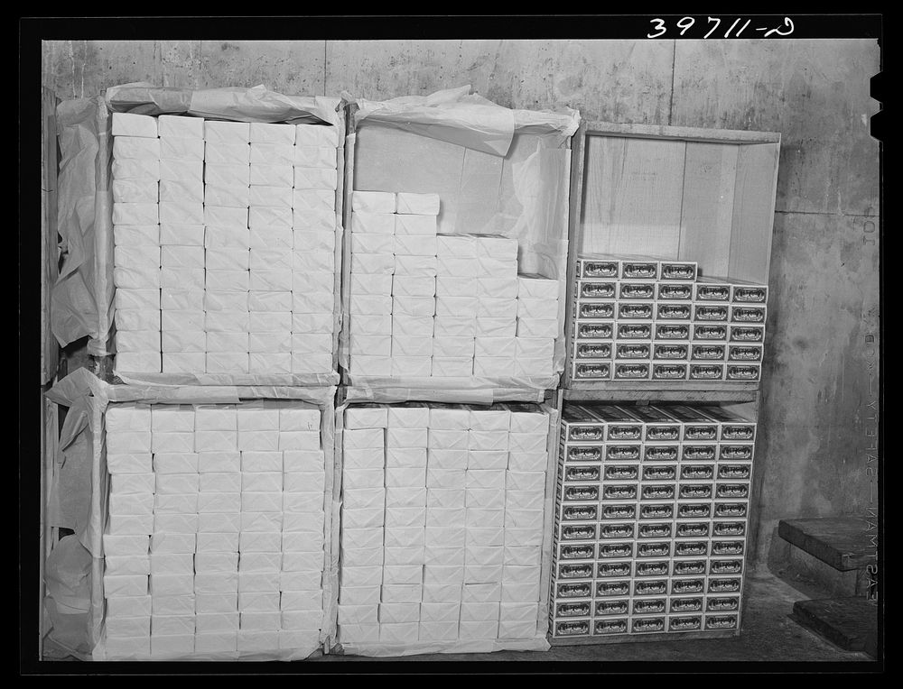 Pound packages of butter at the Dairymen's Cooperative Creamery. Caldwell, Canyon County, Idaho. Challenge is a cooperative…