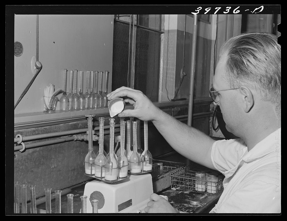 Taking samples for Babcock test for butterfat at the Dairymen's Cooperative Creamery. Caldwell, Canyon County, Idaho by…