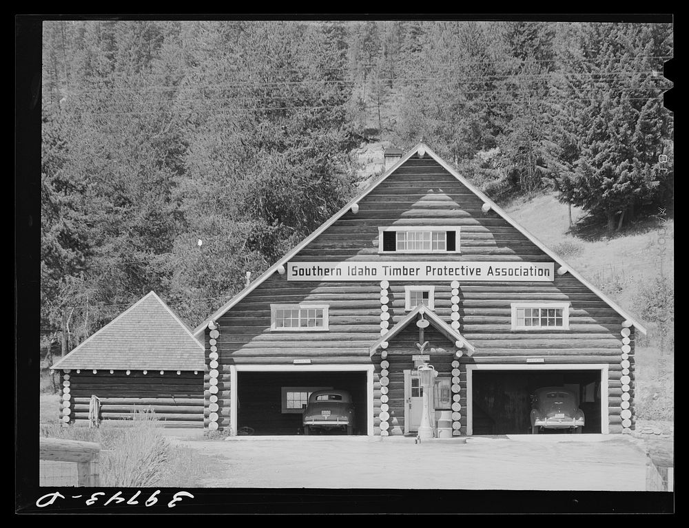 Garage at headquarters of the Southern Idaho Timber Protective Association. Valley County, Idaho by Russell Lee