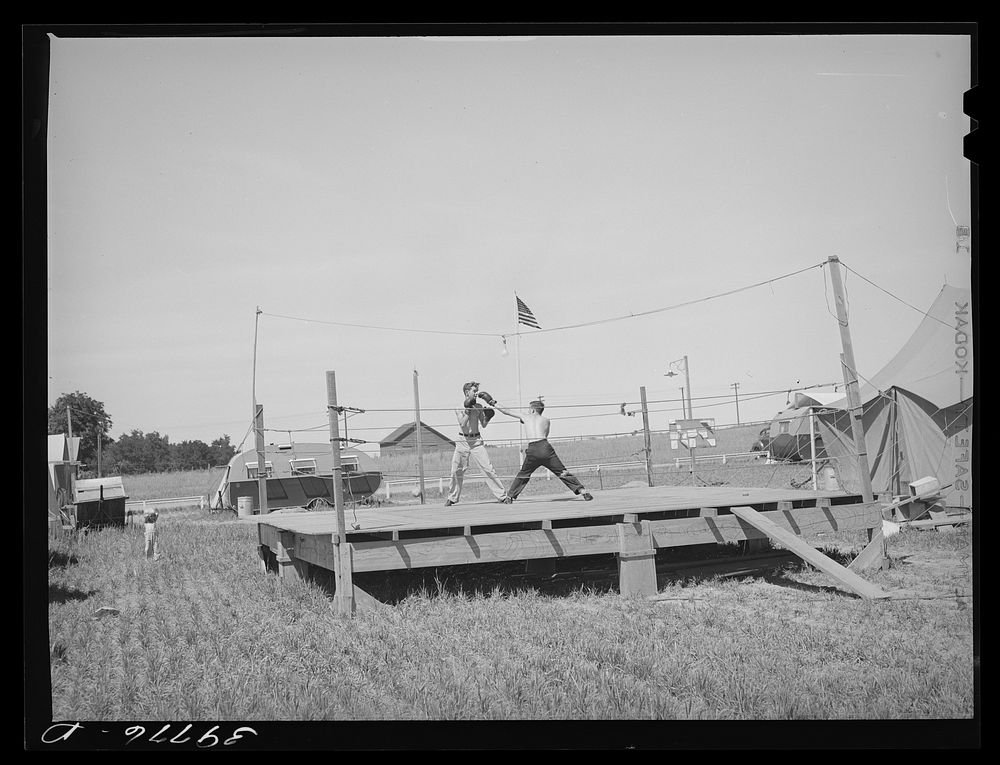 Boxing platform at FSA (Farm Security Administration) migratory farm labor camp mobile unit. Athena, Oregon by Russell Lee