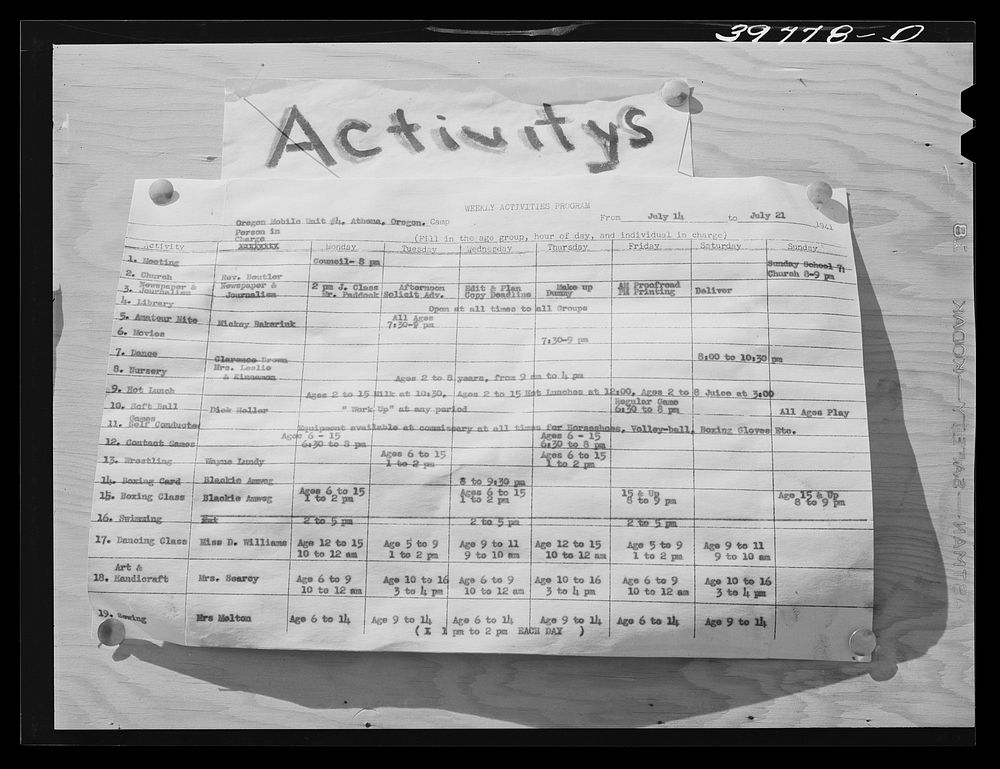 Schedule of camp activities at the FSA (Farm Security Administration) migratory farm labor camp mobile unit. Athena, Oregon…