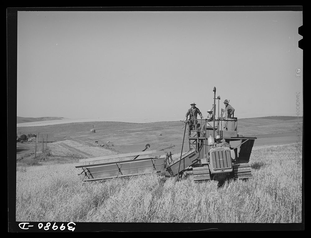 Caterpillar-drawn combine working in the wheat fields of Whitman County, Washington by Russell Lee