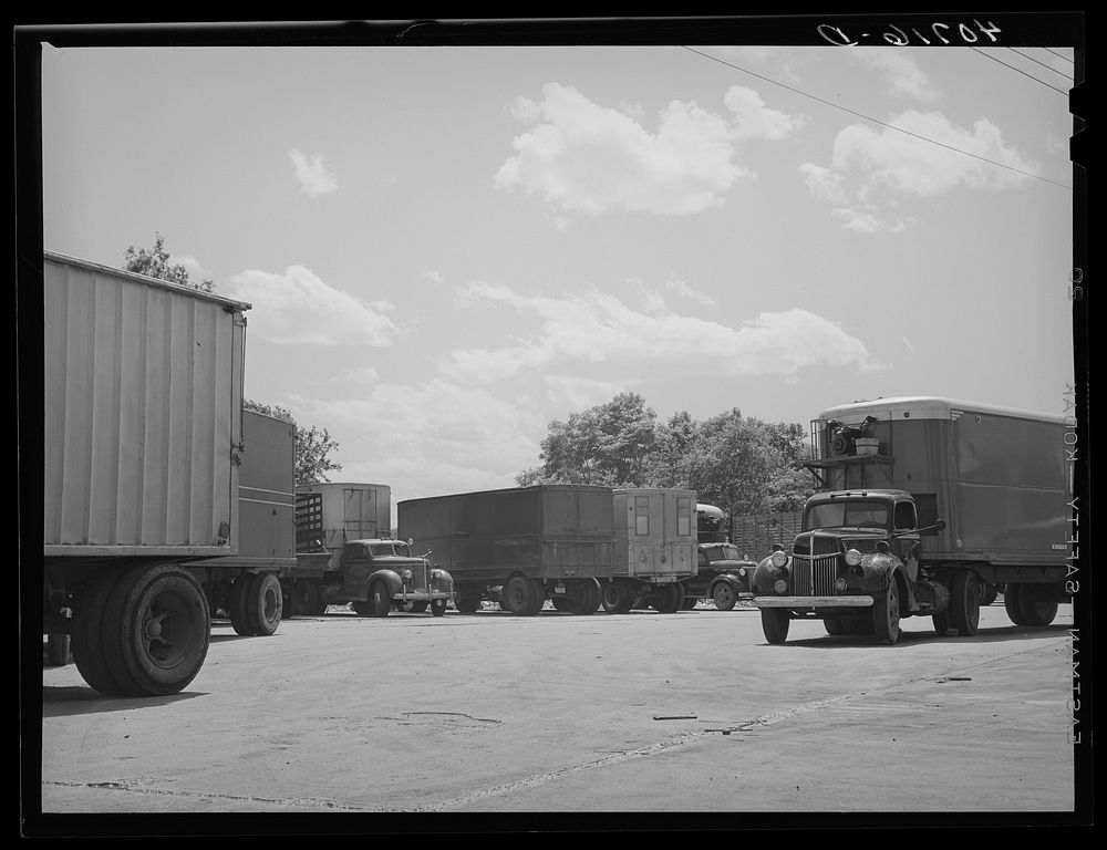 Trucks parked at Capital truck service station on New York Avenue at Bladensburg Road. U.S. No. 1, Washington, D.C.. Sourced…