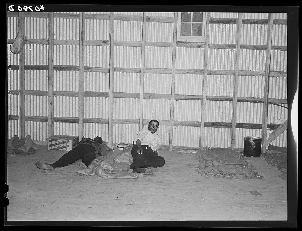 This warehouse constitutes the sleeping quarters for a group of Florida potato pickers. Sourced from the Library of Congress.