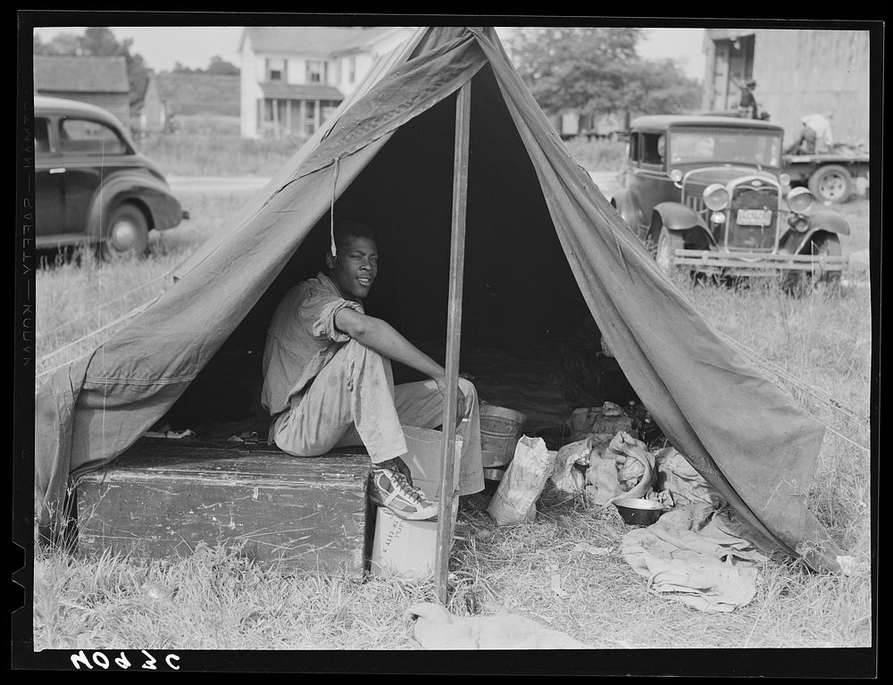 Florida migrant with a group who had their own tent which they pitched outside the grading station at Belcross, North…