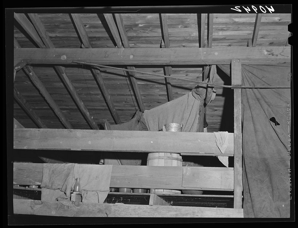 [Untitled photo, possibly related to: Cooking facilities for migratory agricultural workers living in the attic of a potato…