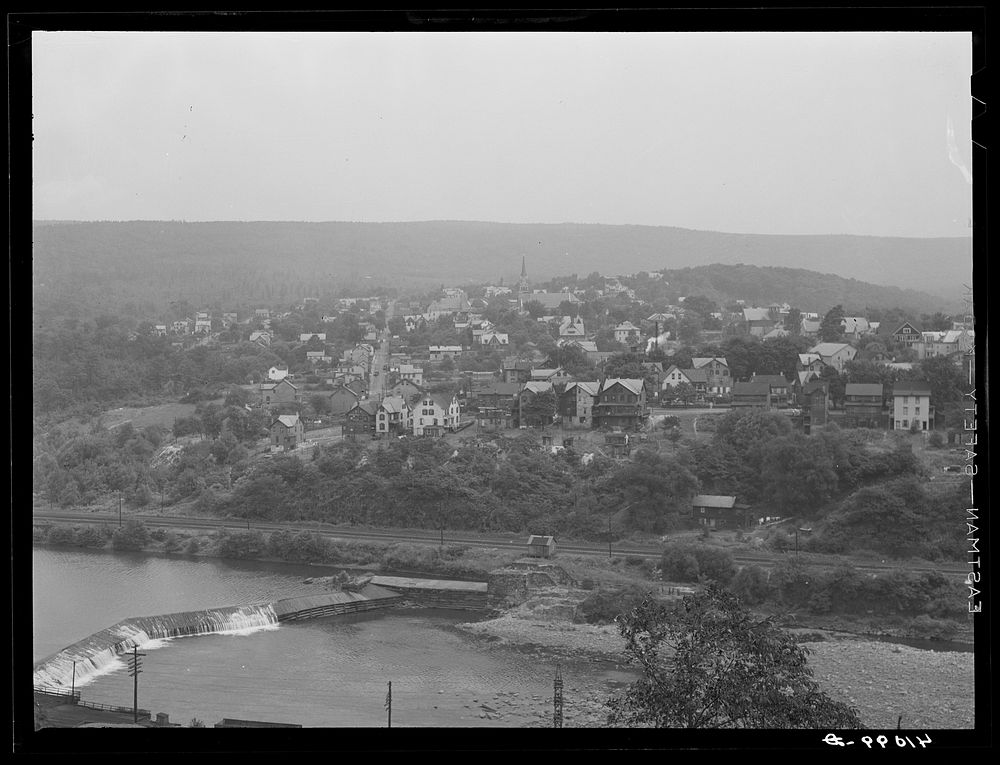 View of East Mauch Chunk from Upper Mauch Chunk with Lehigh River in foreground. Mauch Chunk, Pennsylvania. Sourced from the…