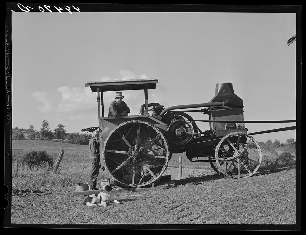 Hired man working tractor engine used for threshing on farm of Alfred Shaffner, a farmer in the submarginal area of Sugar…