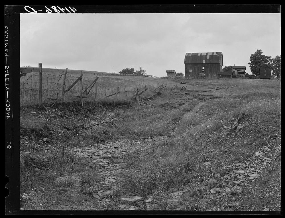 [Untitled photo, possibly related to: A dried up creek and old farmhouse near Townsend, New York]. Sourced from the Library…
