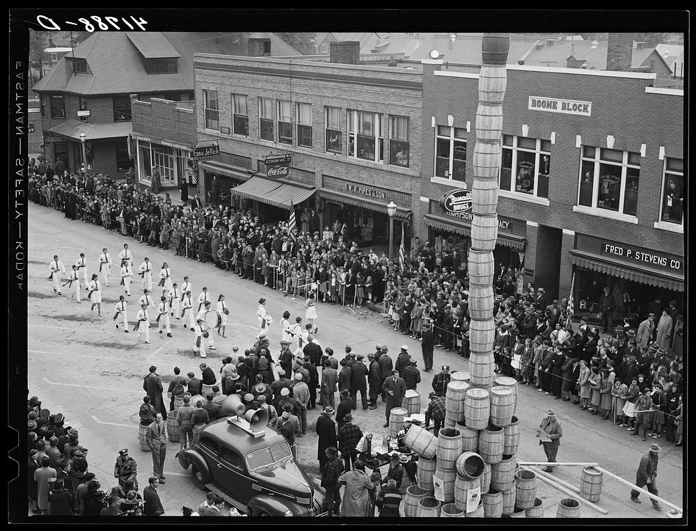 The grand parade at the barrel rolling contest in Presque Isle, Maine. Sourced from the Library of Congress.