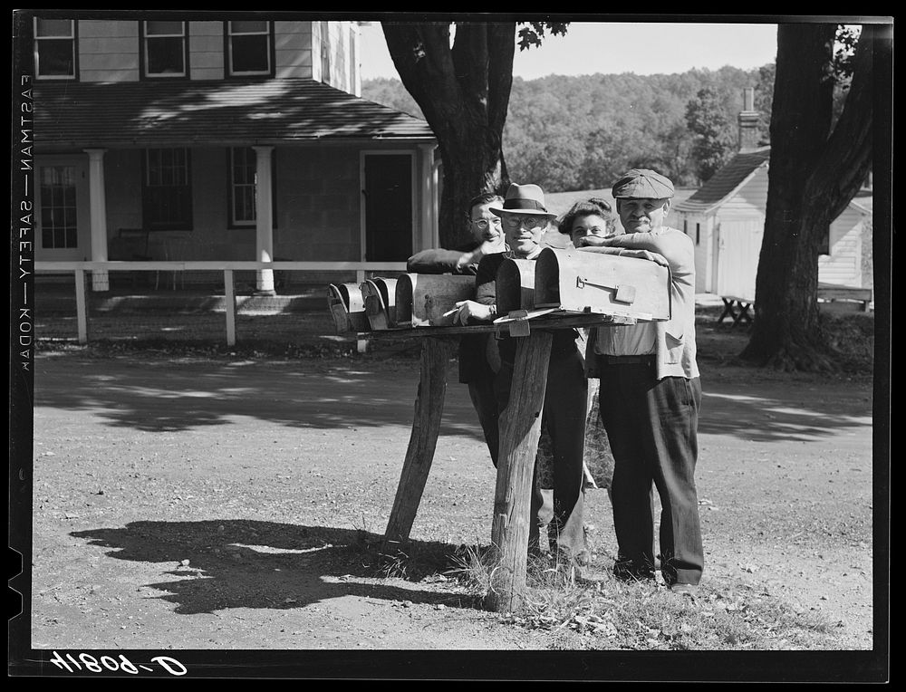 A group of Jewish farmers waiting for their mail in the Huntington District, Newtown, Connecticut. Fifteen Jewish farm…