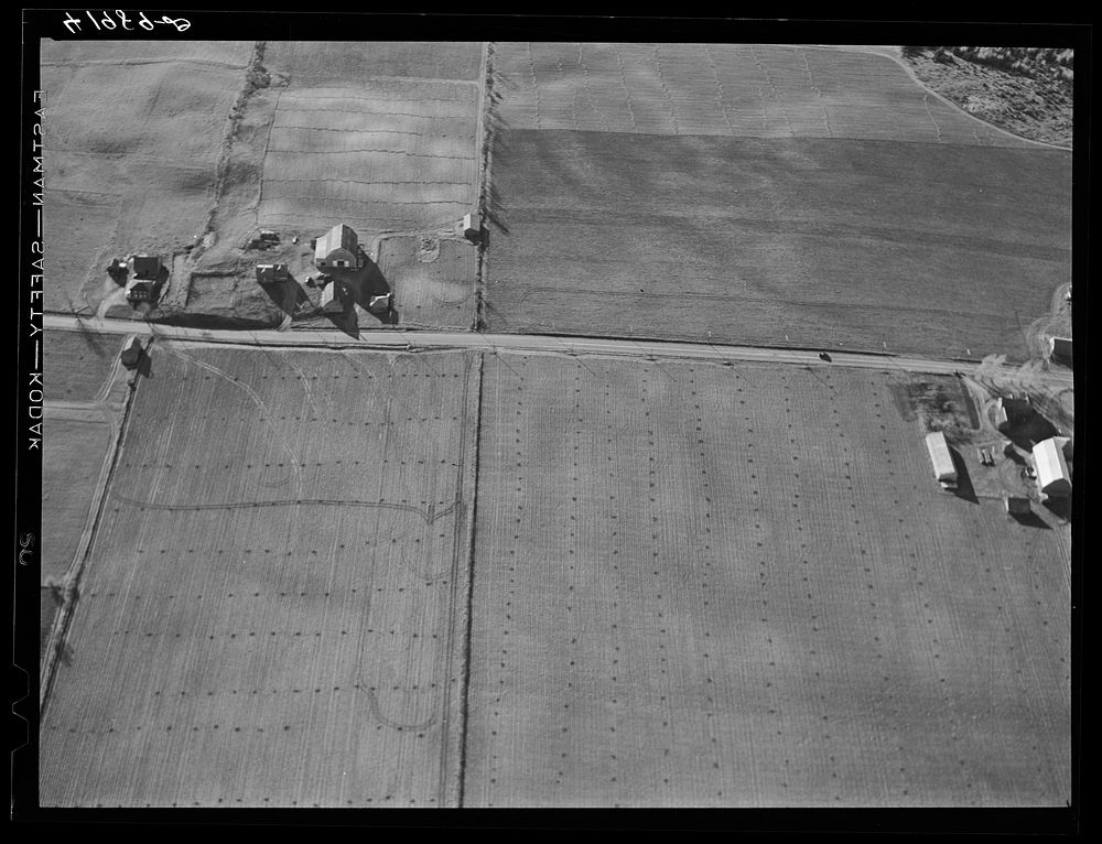 Potato farm after the harvest showing layout of buildings. The highway running thru is U.S. No. 1. Near Caribou, Maine.…