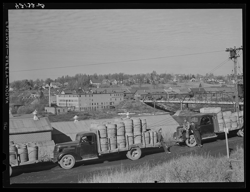 Potato trucks outside a starch factory in Caribou, Maine. There were almost fifty trucks in the line; some had been waiting…