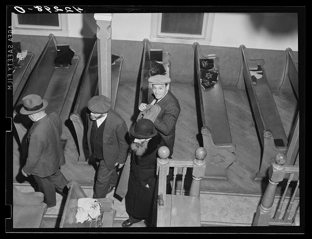 [Untitled photo, possibly related to: During a small weekday service at the synagogue in Colchester, Connecticut]. Sourced…