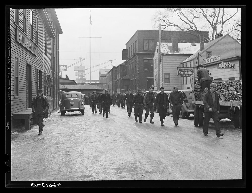 [Untitled photo, possibly related to: Men coming out of the shipyard at noon hour for lunch. Bath, Maine]. Sourced from the…