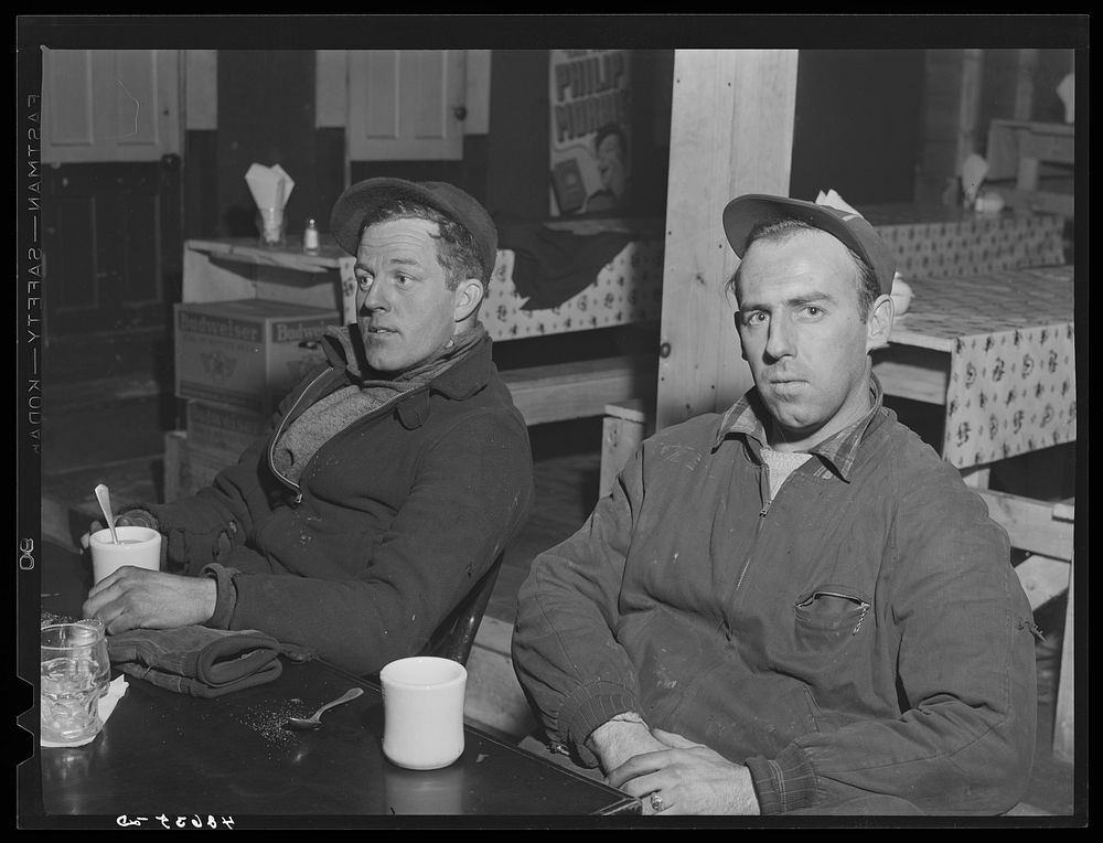 Two shipyard workers in for a cup of coffee after work at the Bath Iron Works. Left is Paul Jacobs and Ronnie Williams. Both…