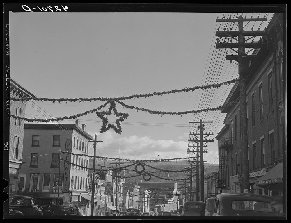 [Untitled photo, possibly related to: The main street of Derby, Connecticut, decorated for the Christmas season]. Sourced…