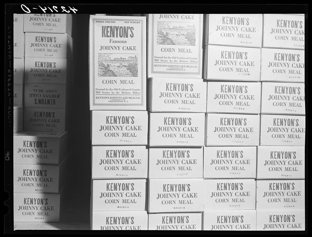 Boxes of Kenyon's johnnycake cornmeal awaiting shipment. Usquepaugh, Rhode Island. Sourced from the Library of Congress.