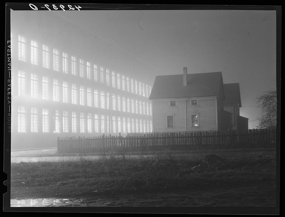 Textile mill working all night, New Bedford, Mass.. Sourced from the Library of Congress.