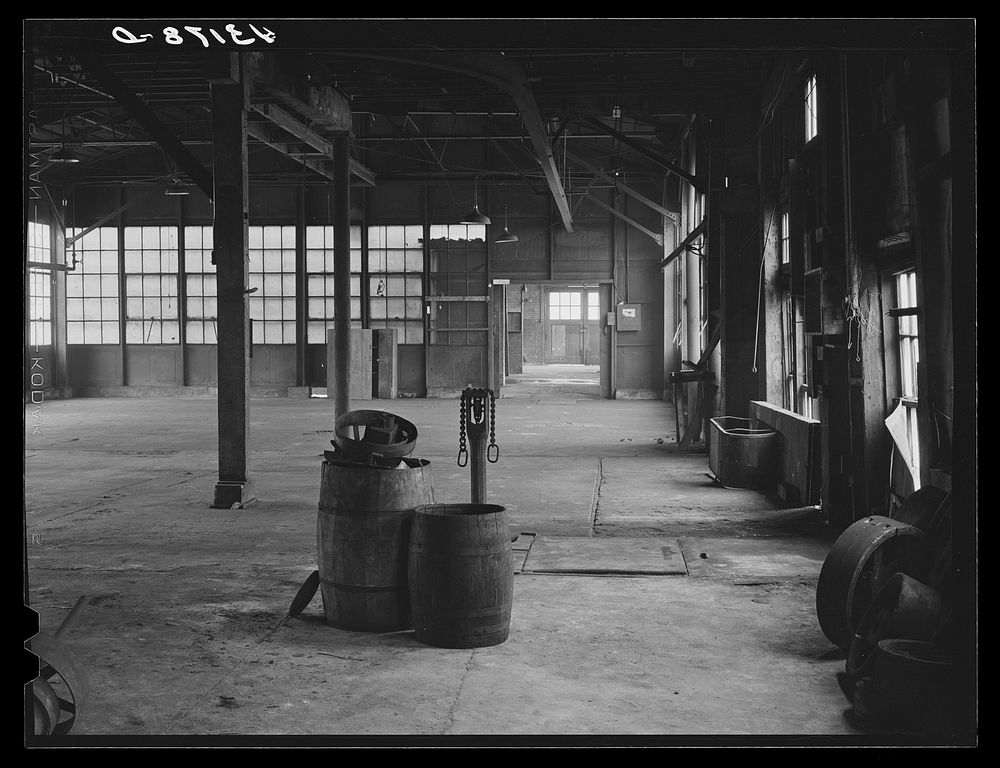 Interior of abandoned Howard Stove Works in Beaver Falls, Pennsylvania. Sourced from the Library of Congress.