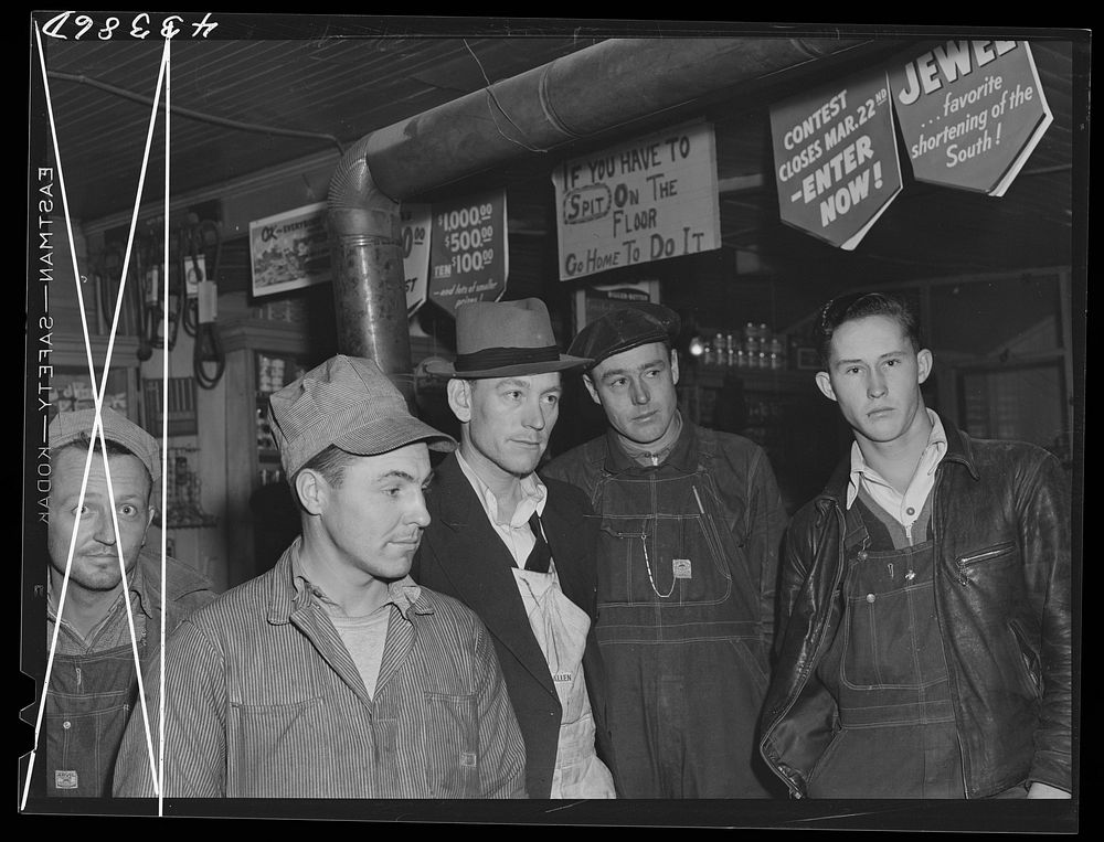 Migratory construction workers in a general store near Fort Bragg, North Carolina. Sourced from the Library of Congress.