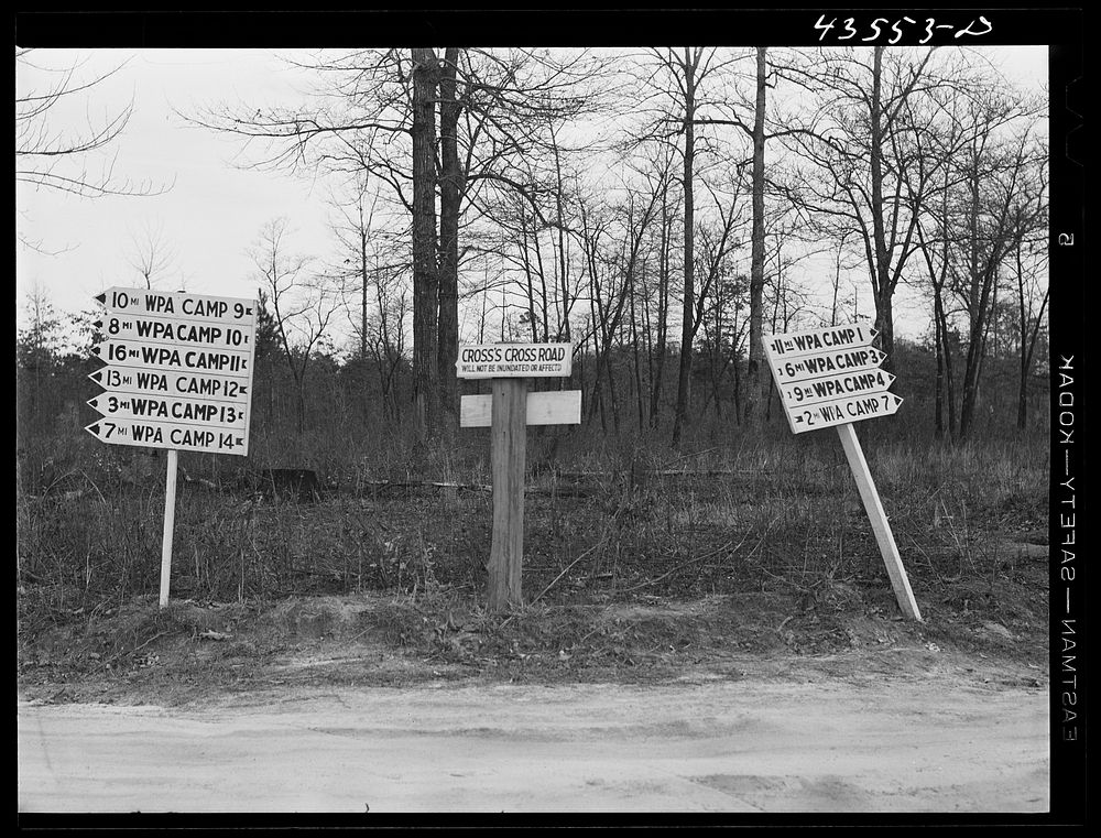Road signs at a crossroad near the Santee-Cooper basin, South Carolina. Sourced from the Library of Congress.