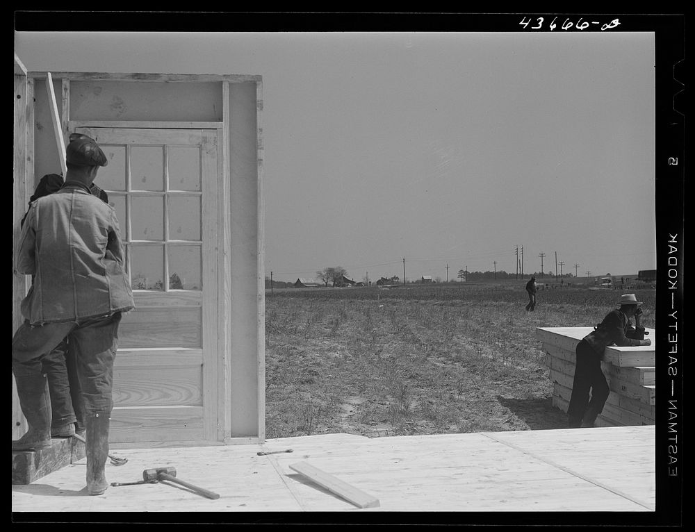 Assembling walls on prefabricated house at the FSA (Farm Security Administration) project in Pacolet, South Carolina for…