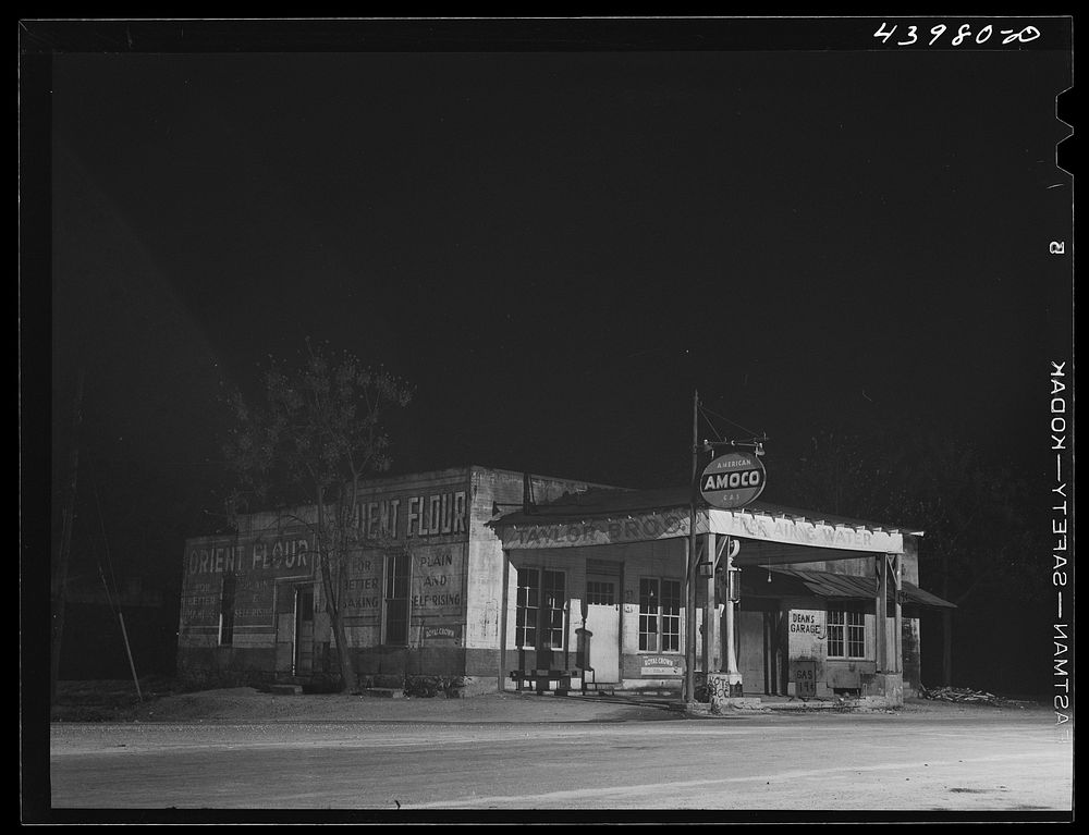 Gas station in Franklin, nine o'clock in the evening. Heard County, Georgia. Sourced from the Library of Congress.