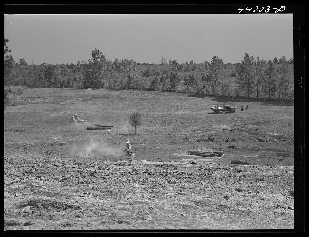 Liming a FSA (Farm Security Administration) pasture. Greene County, Georgia. Sourced from the Library of Congress.