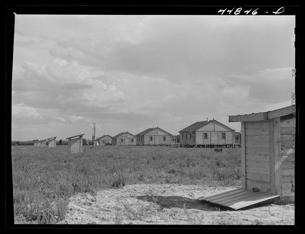 Group of prefabricated houses and privies that have been built by the FSA (Farm Security Administration) to take care of…