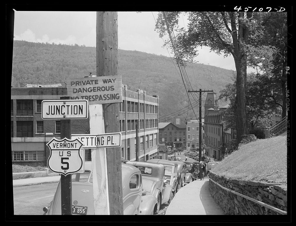 A street leading to the main thoroughfare in Brattleboro, Vermont. Sourced from the Library of Congress.