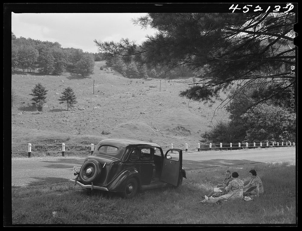 [Untitled photo, possibly related to: Picnickers along Route 12A near Hanover, New Hampshire]. Sourced from the Library of…