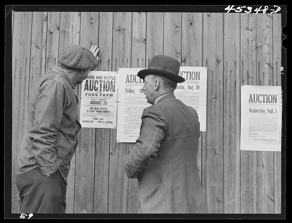 Farmers reading auction notices of farms in the Pine Camp expansion area at an auction of the Ingalls farm near Antwerp, New…