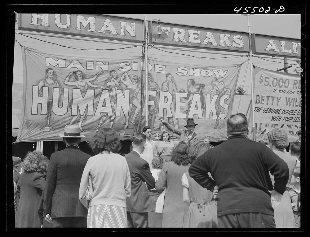 Outside a freak show at the Rutland Fair, Vermont. Sourced from the Library of Congress.
