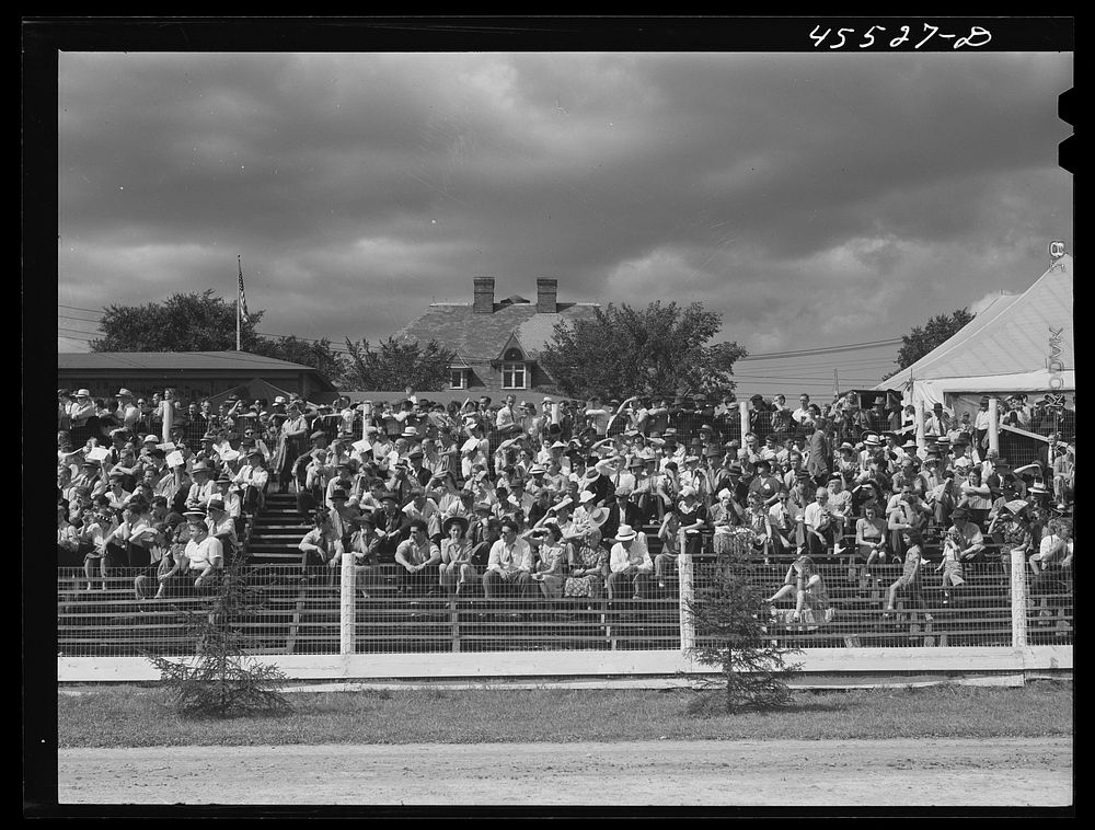 People in the grand stand watching the sulky races at the Rutland Fair, Vermont. Sourced from the Library of Congress.