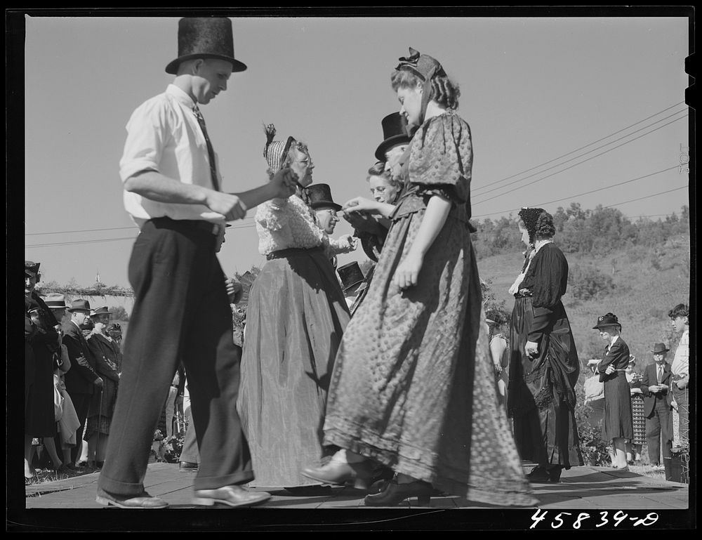 [Untitled photo, possibly related to: Square dances at the World's Fair at Tunbridge, Vermont]. Sourced from the Library of…