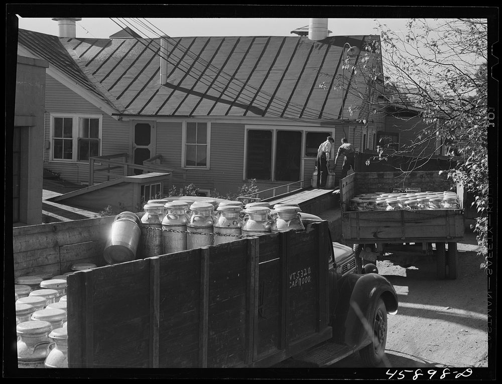 [Untitled photo, possibly related to: Truck load of milk cans at the United Farmers' Co-op Creamery, East Berkshire…